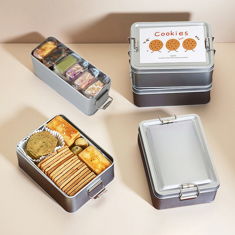 Tin Container Lid - 뚜껑이 있는 직사각형 양철 쿠키 보관함,
